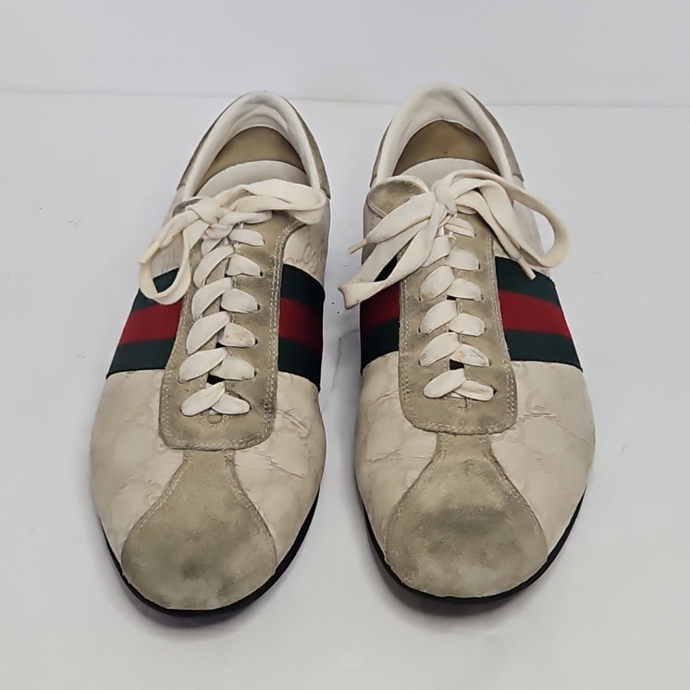 Gucci Cream Suede And Leather Web Low Top Sneakers Size 7.5 US - Picture 5 of 11
